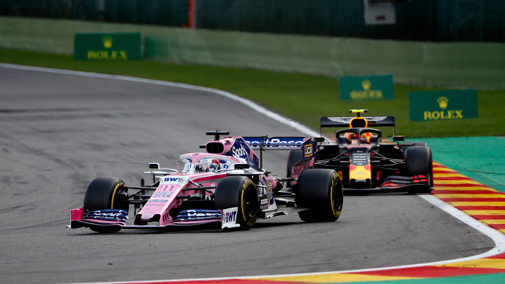 Sergio Perez, Racing Point RP19 and Pierre Gasly, Toro Rosso STR14